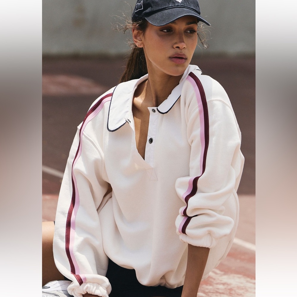 Free People White Polo Sweatshirt with Purple Shoulder Stripes